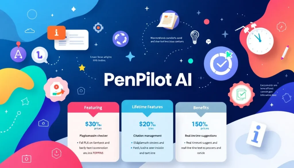 Infographic illustrating PenPilot AI lifetime deal with pricing tiers and features, emphasizing innovative writing assistance.