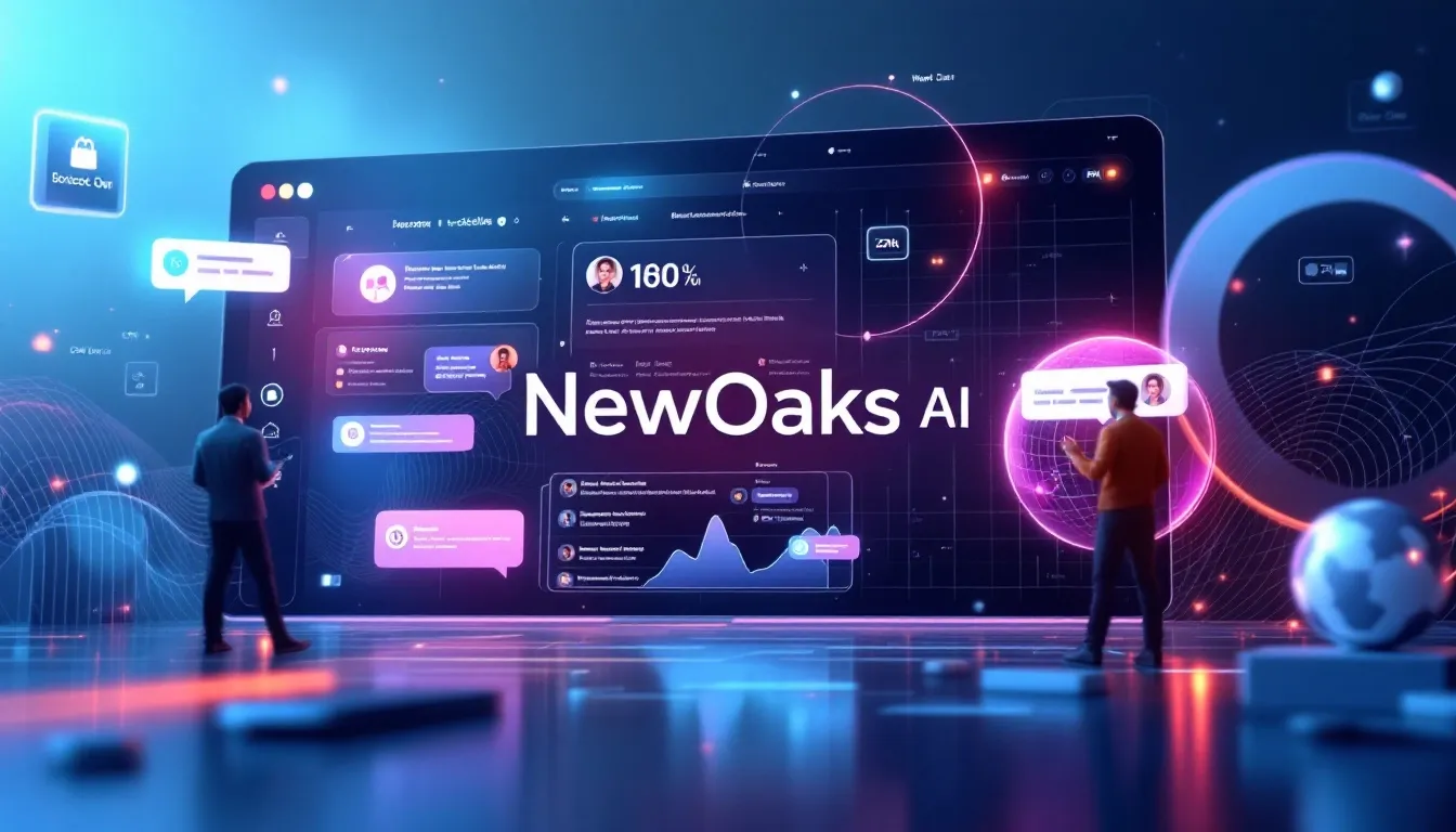 Infographic of NewOaks AI key features including 24:7 support, appointment scheduling, lead capture, and integrations for automated business processes