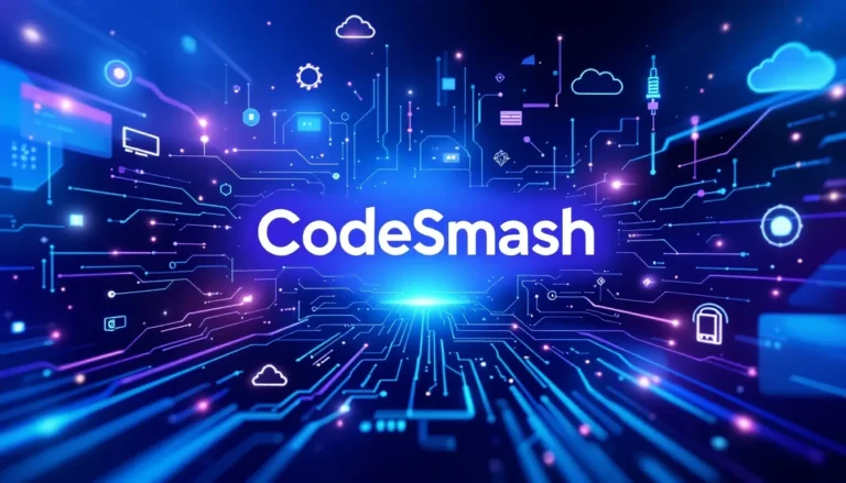 Infographic highlighting CodeSmash lifetime deal features with icons for serverless deployment and backend control, featuring centered 'CodeSmash' text in white.