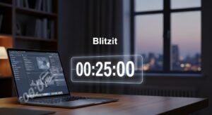 Blitzit productivity app showing the always-on floating timer overlay on a laptop screen for distraction-free deep work.