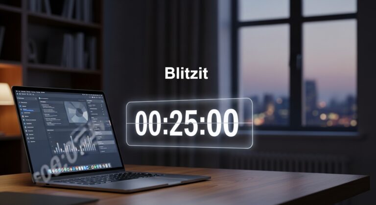 Blitzit productivity app showing the always-on floating timer overlay on a laptop screen for distraction-free deep work.