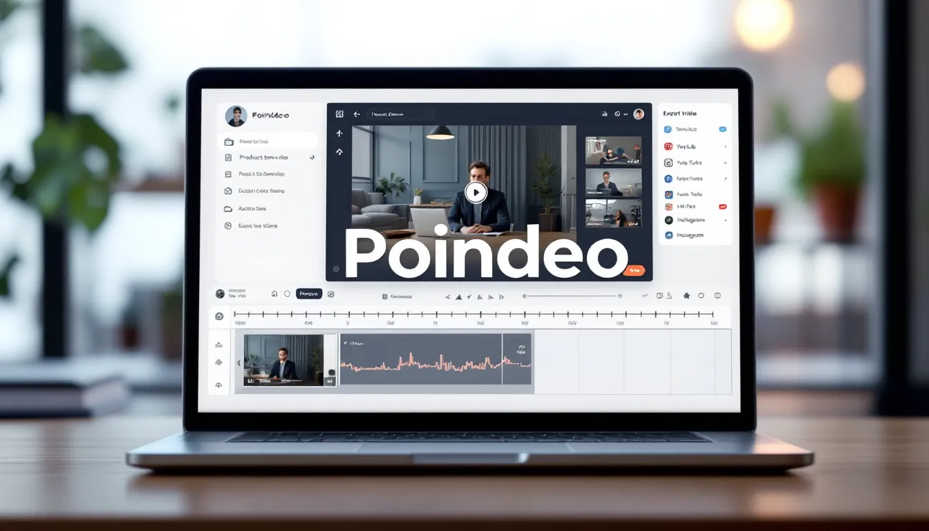 Poindeo online video editor interface showing screen recording, zoom effects, auto captions and export presets in a browser