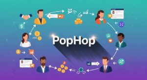 PopHop community platform with integrated job board showing members earning and collaborating in peer-to-peer marketplace