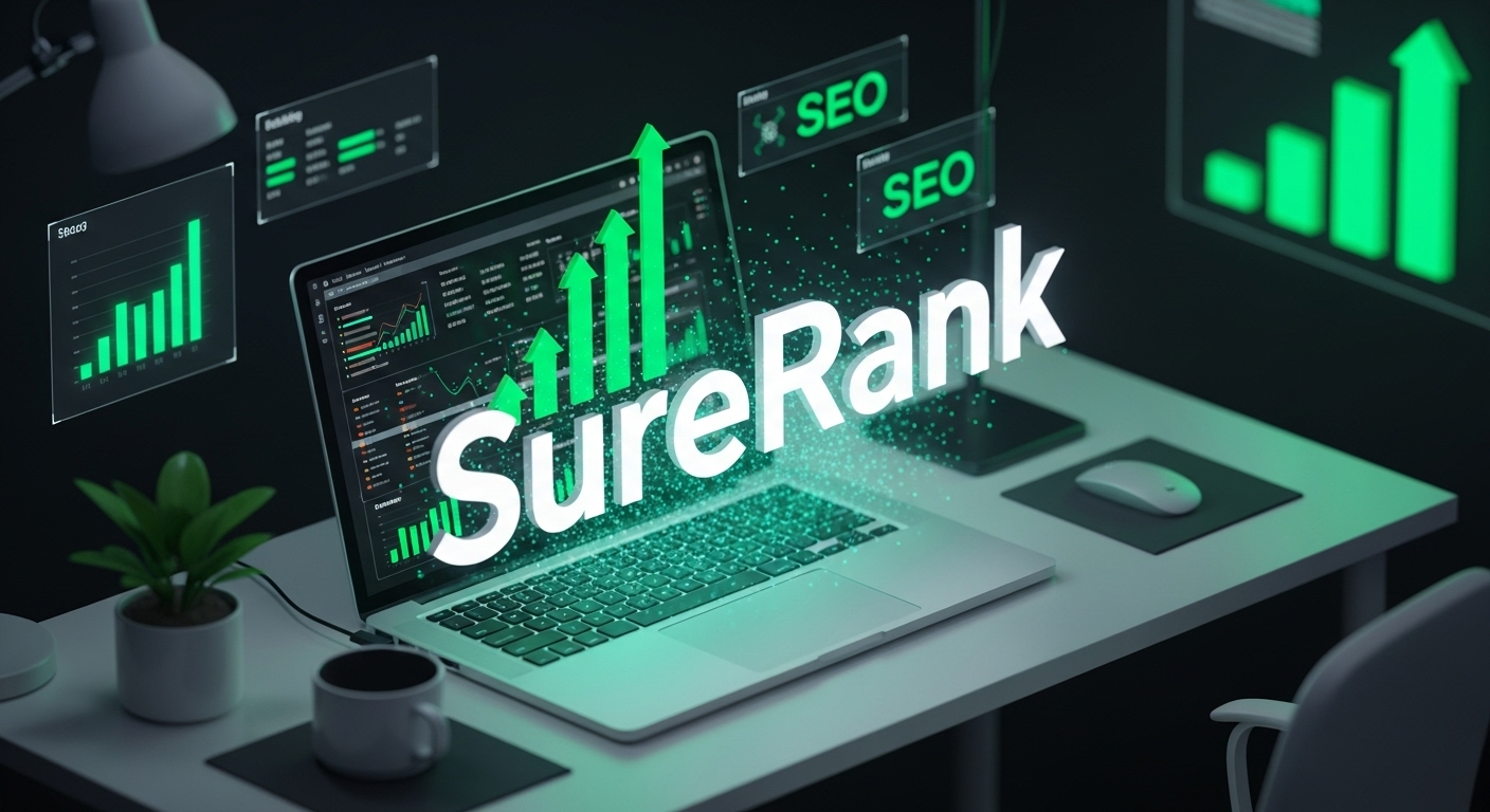 SureRank logo surrounded by high-speed data light streams, visualizing the plugin's fast page load performance compared to Rank Math and Yoast.