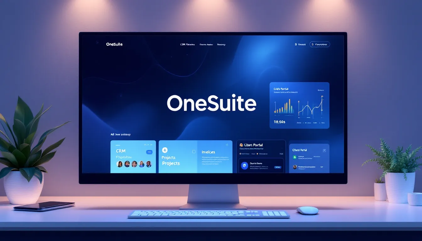 OneSuite client portal dashboard hero image showing CRM, projects, and invoicing for agencies in one platform