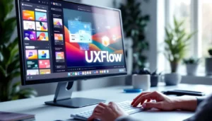 UXFlow AI design tool interface showing smart canvas and template library on modern workspace monitor for non-designers